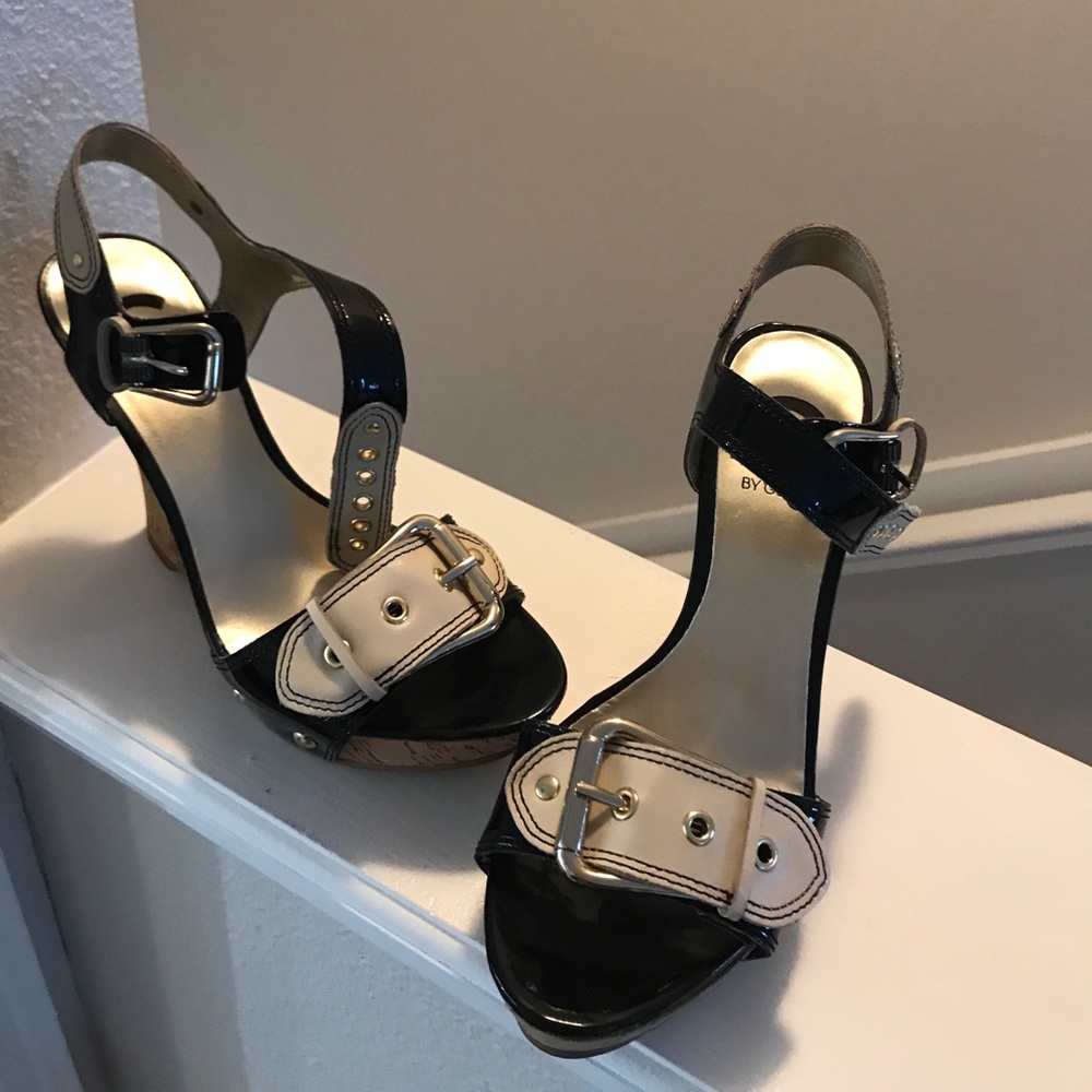 G by Guess black and cream patent leather wedges