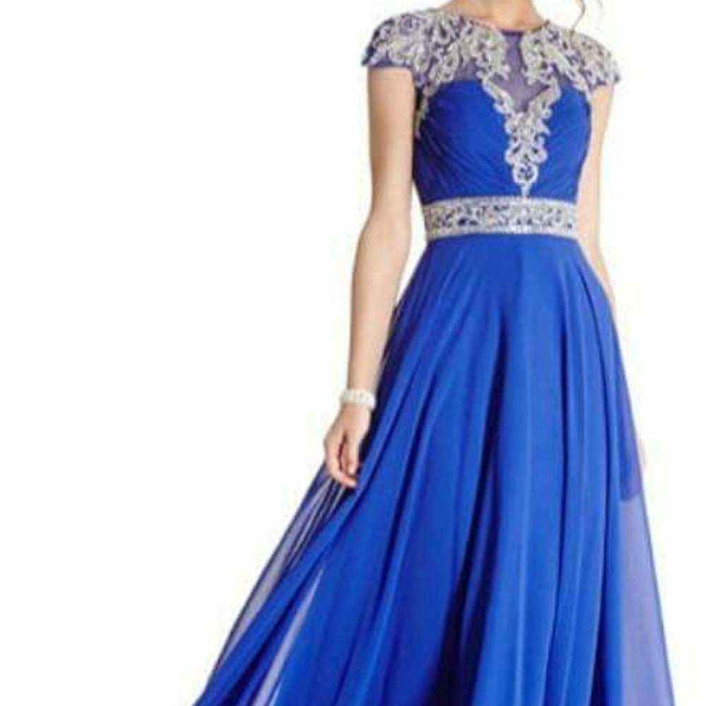 Long Chiffon heavy hand beaded gown w/ cap sleeves