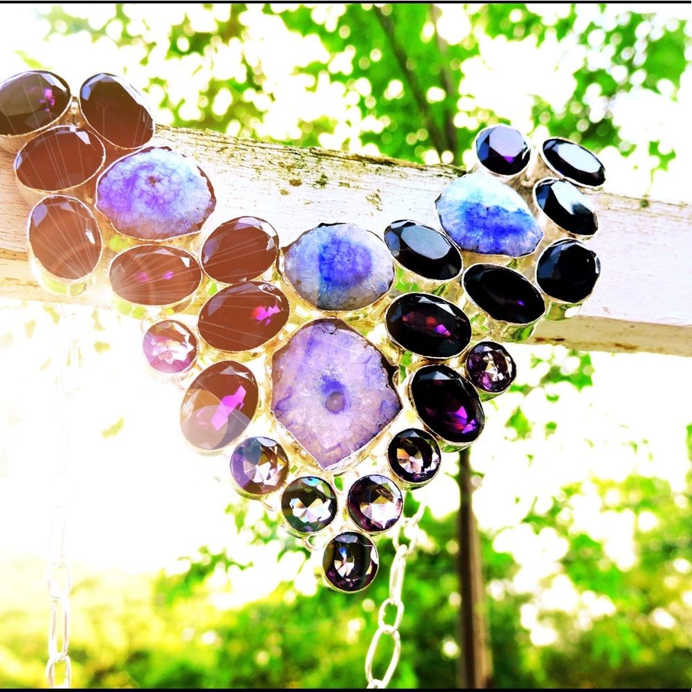 Amethyst Solar Quartz Multi Layer Cluster Necklace