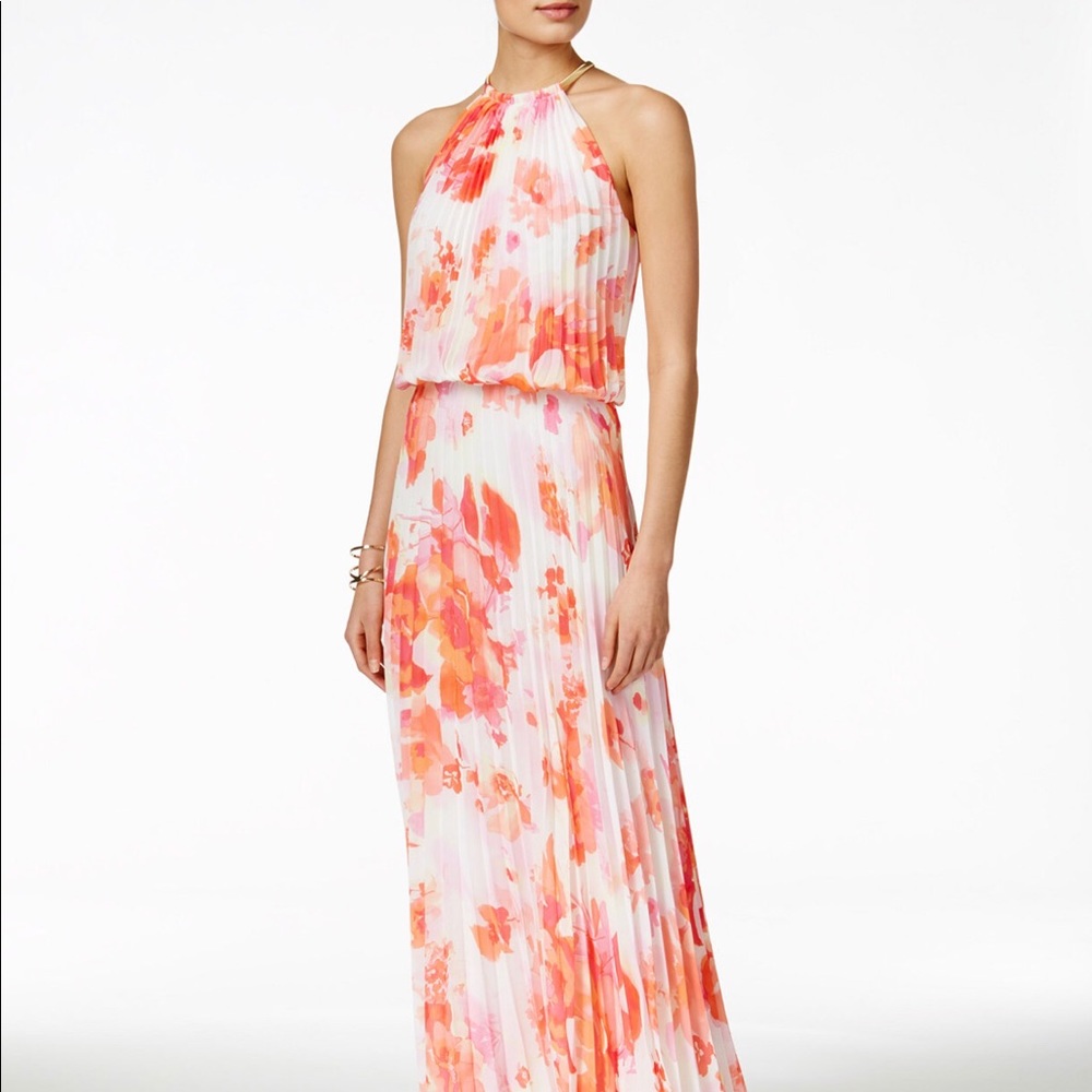 MSK Printed Pleated Halter Gown