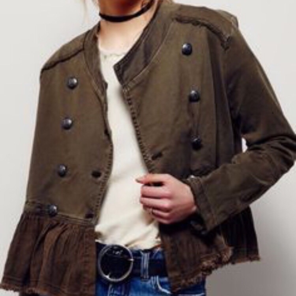 FREE PEOPLE Double Breasted Ruffle Jacket in Olive