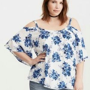 Floral print strappy back cold shoulder top