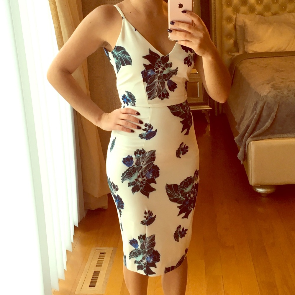 Blue and white midi pencil dress