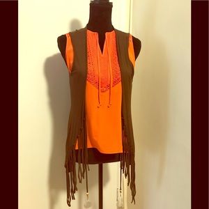 American Rag fringe vest with feather detail