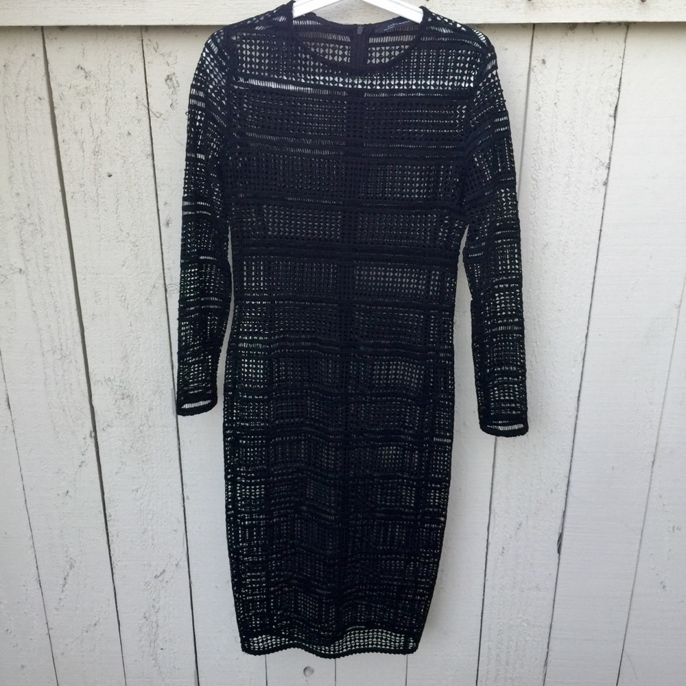 ZARA WOMAN Black Crochet Lace Bodycon Midi Dress S