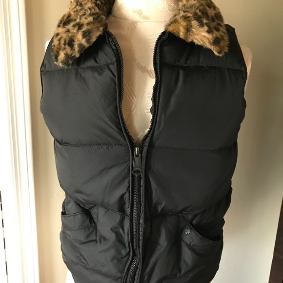 RL Black Puffer Vest with leopard fur collar XS - Picture 2 of 8