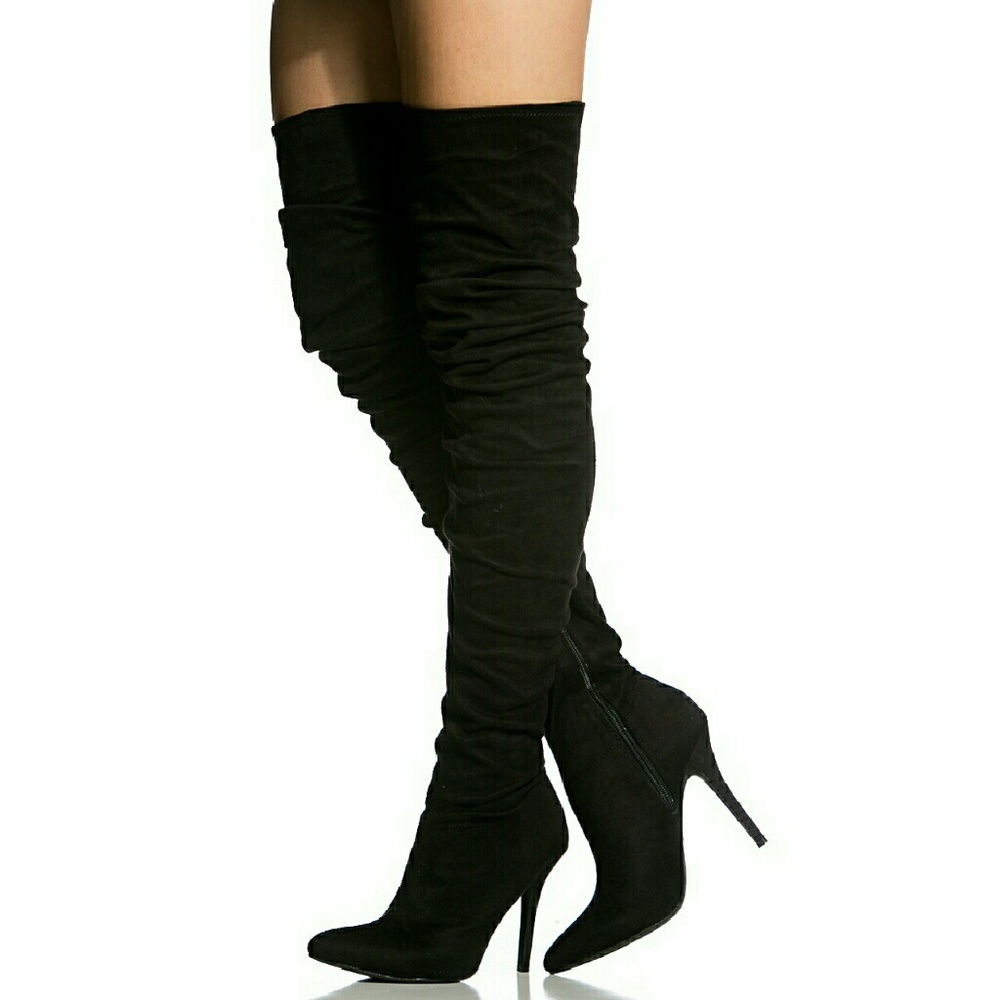 Black Faux Suede Pointed Toe Thigh High Boots