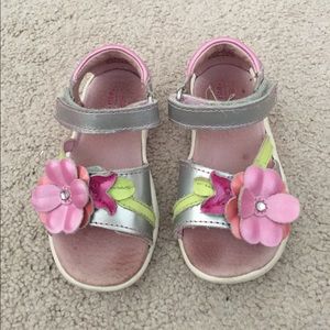 Leather silver with pink flower Stide Rite sandals