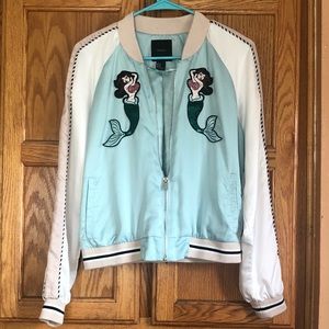 Satin blue bomber jacket with vintage mermaids