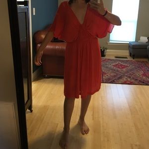 v neck orange flow dress
