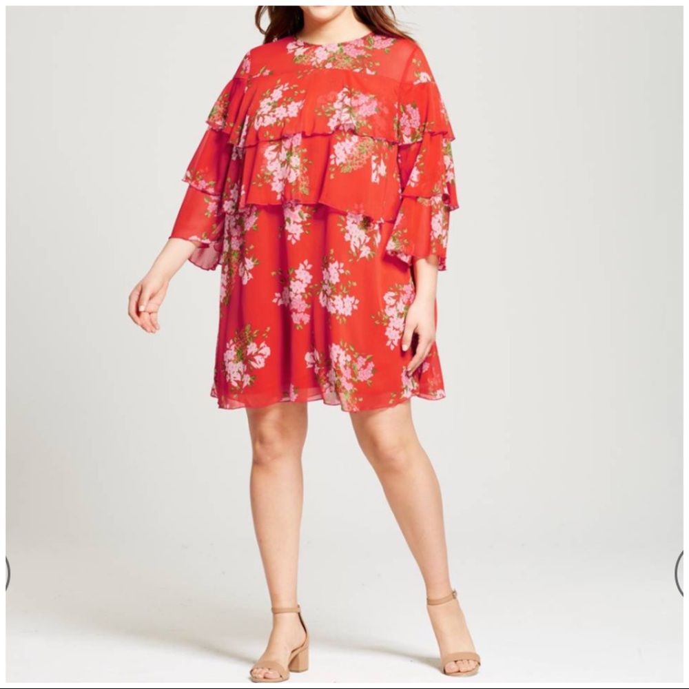 Plus size layered Ruffle tomate color Mini Dress