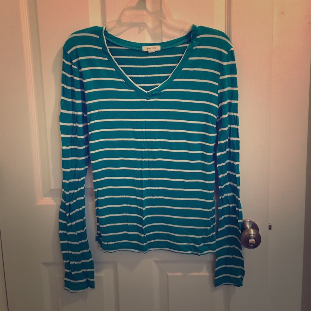 Love Culture Teal and White Long Sleeve V-Neck EUC