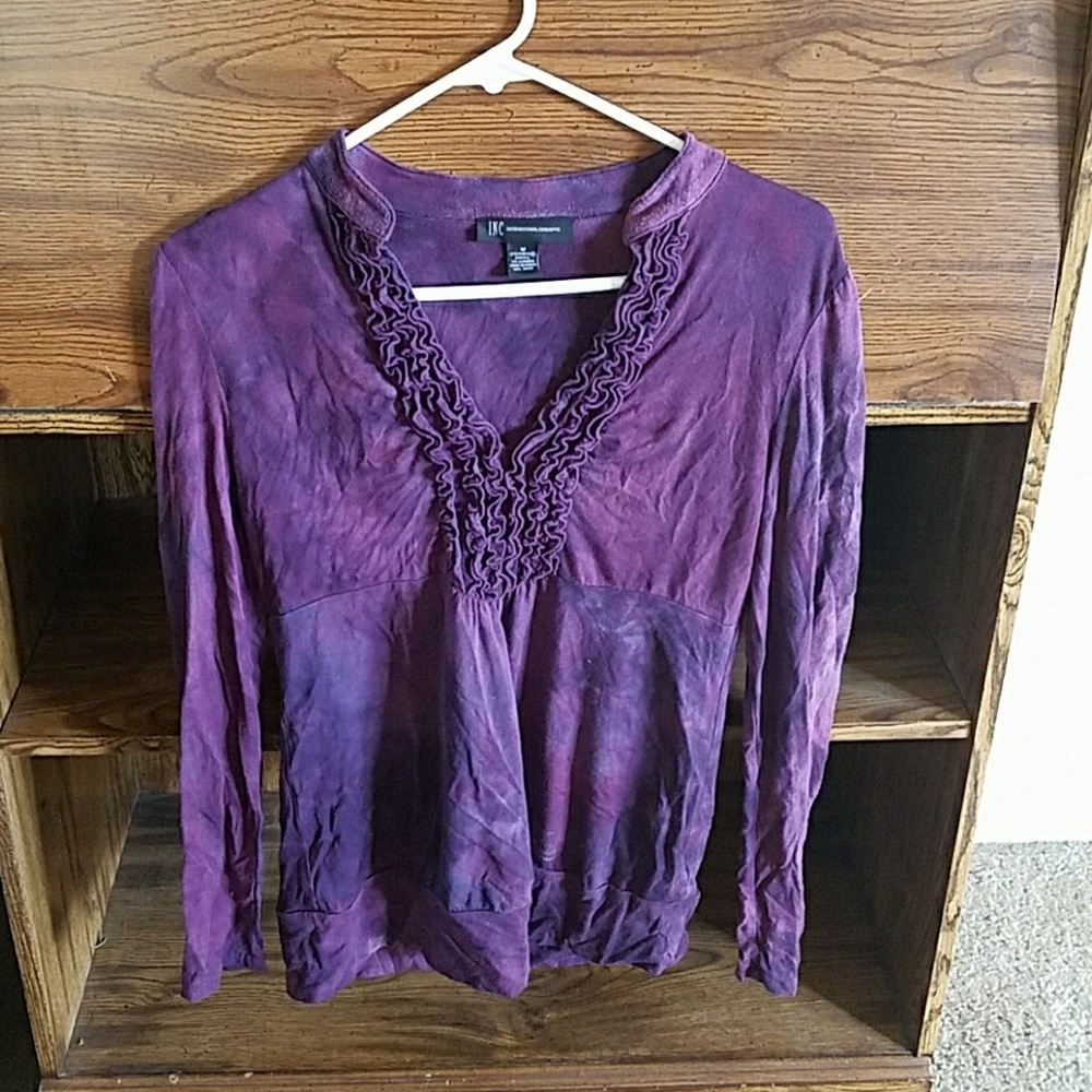 Long sleeve purple tie dye blouse with ruffles