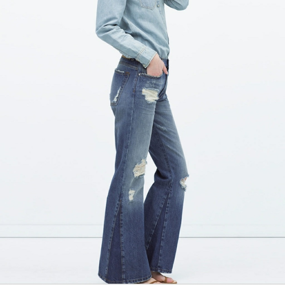 Zara Tribute 70's Distressed Flare Jeans