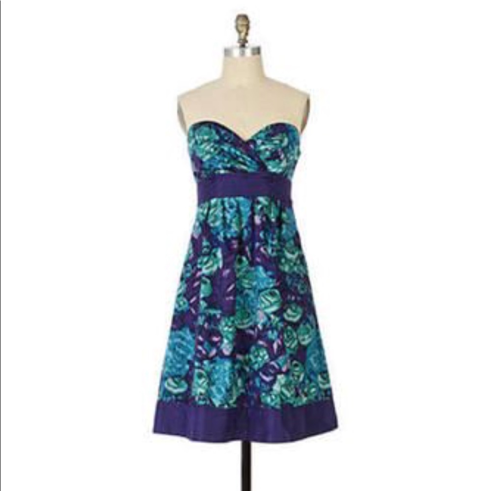 Anthropologie Strapless Green Rose Dress