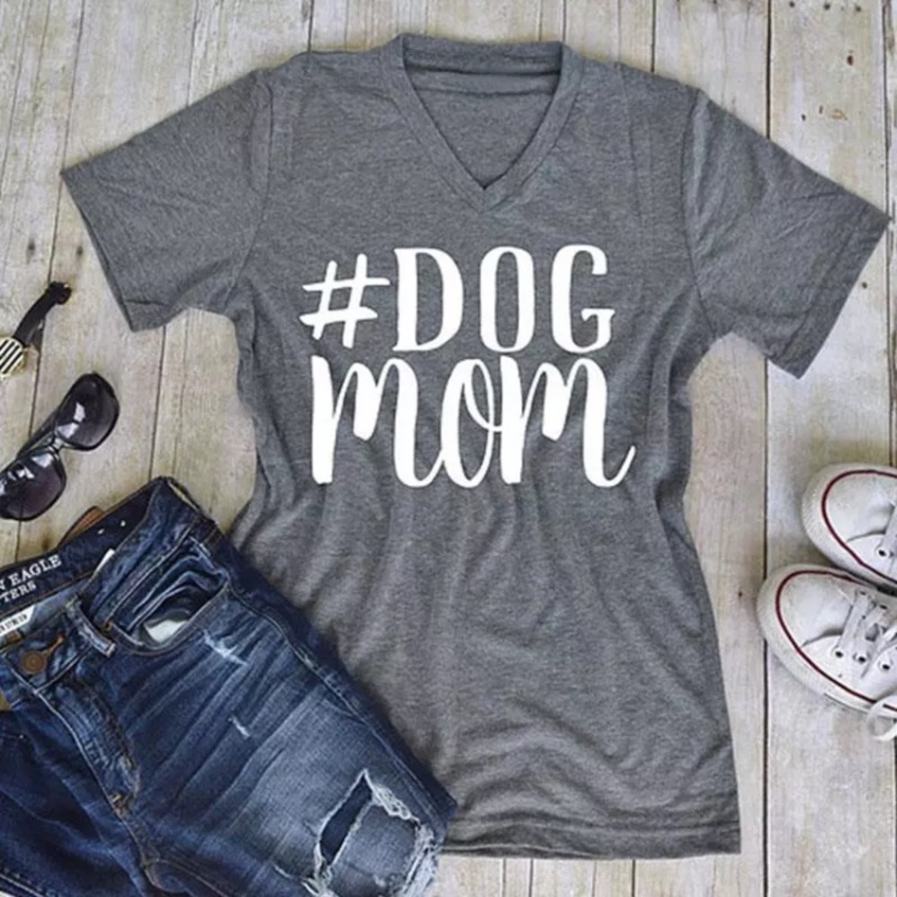 # Dog Mom Gray V-Neck Graphic Tee T-Shirt Top