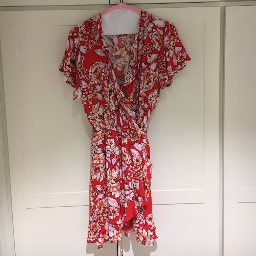 Red flower wrap dress