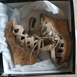 Cute High beige lace up wedge shoes