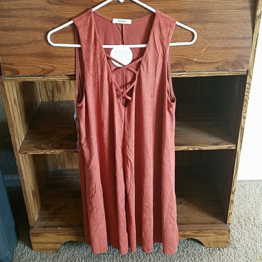 Brown suede tunic dress with lace up front