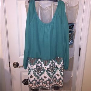 Teal and sequin detailed long open sleeve dress