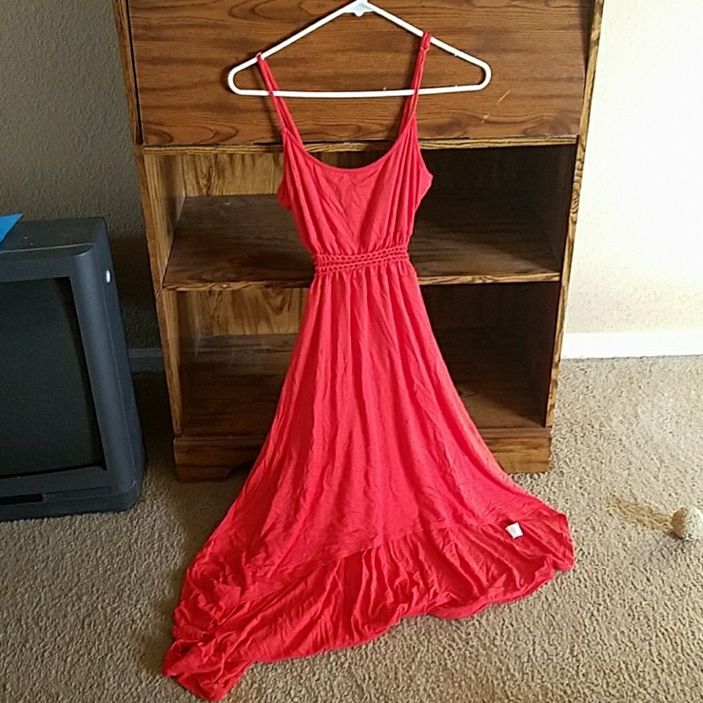 Long coral dress with braided waistband
