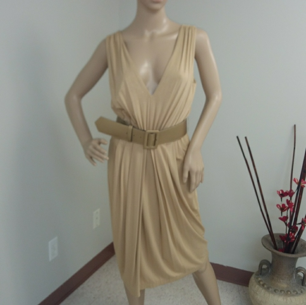 Gold V-Neckline Sleeveless Dress,  Belted New