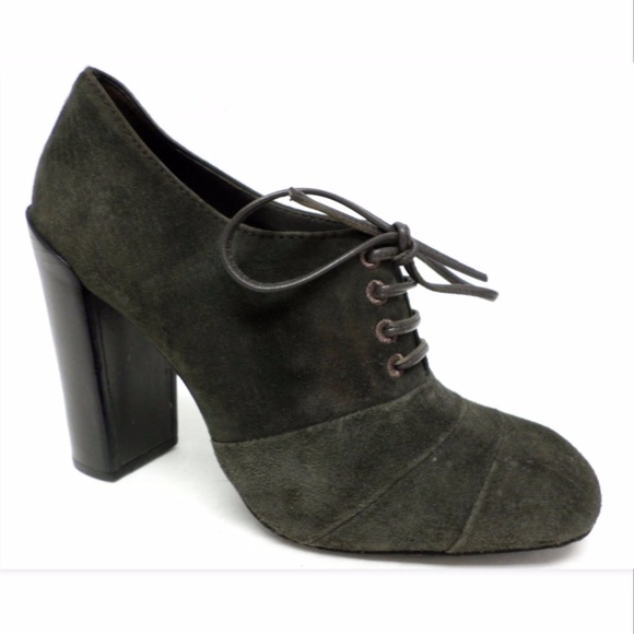 TORY BURCH Forest Green Suede Leather Block Heel Lace-up Ankle Boots Pumps 7 - Picture 1 of 8