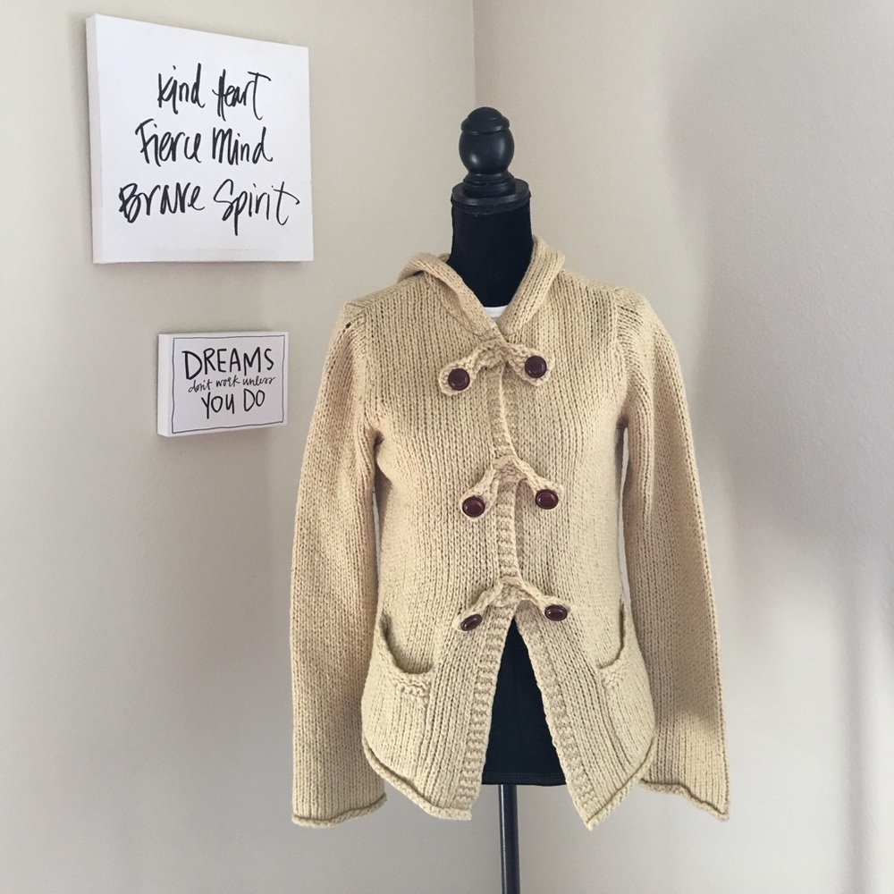 Anthro Moth Cream Knit Hood Sweater Unique Buttons