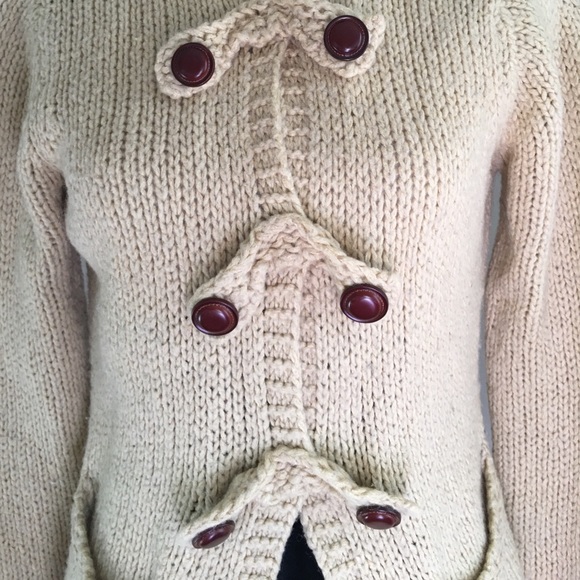 Anthro Moth Cream Knit Hood Sweater Unique Buttons - Picture 2 of 7
