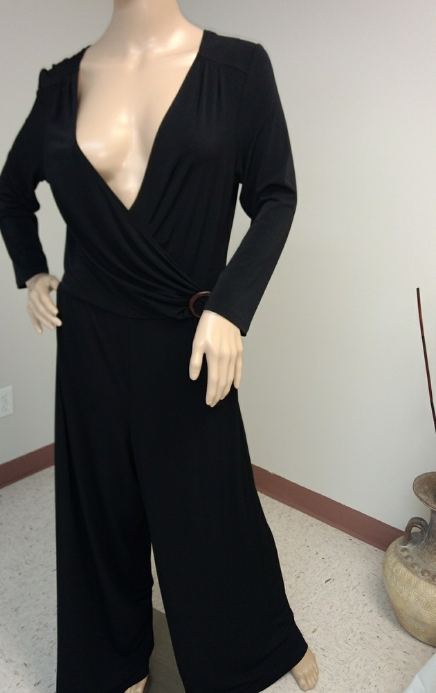 Women's Black Jumpsuit, long sleeves, V-Neck,