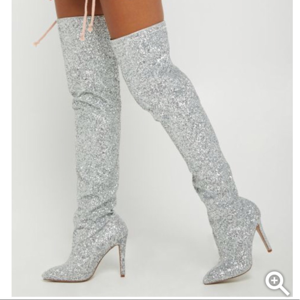 NWT Silver Glitter Thigh High Boots