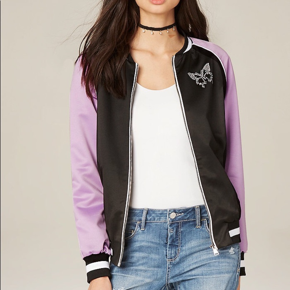 Bebe Rhinestone Butterfly Bomber Jacket