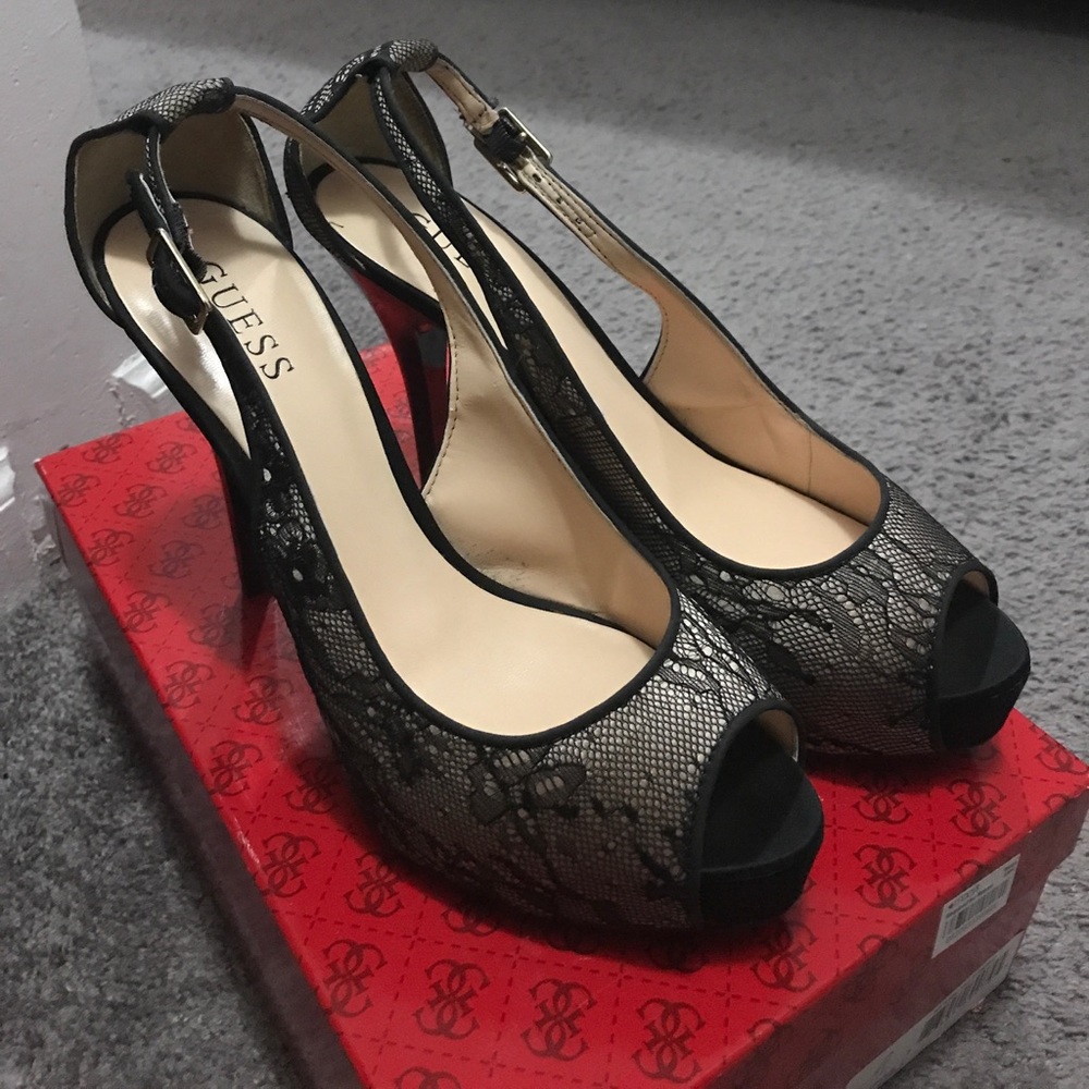 Guess Hondola Natural Fabric Toe Slingback Heels