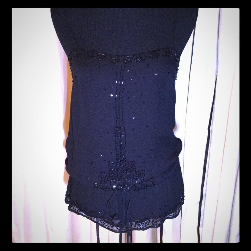 Seed 100% Silk Black Beaded Drawstring Peplum Tie