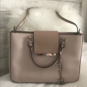 CALVIN KLEIN Leather Tote Bag with Silver Trim