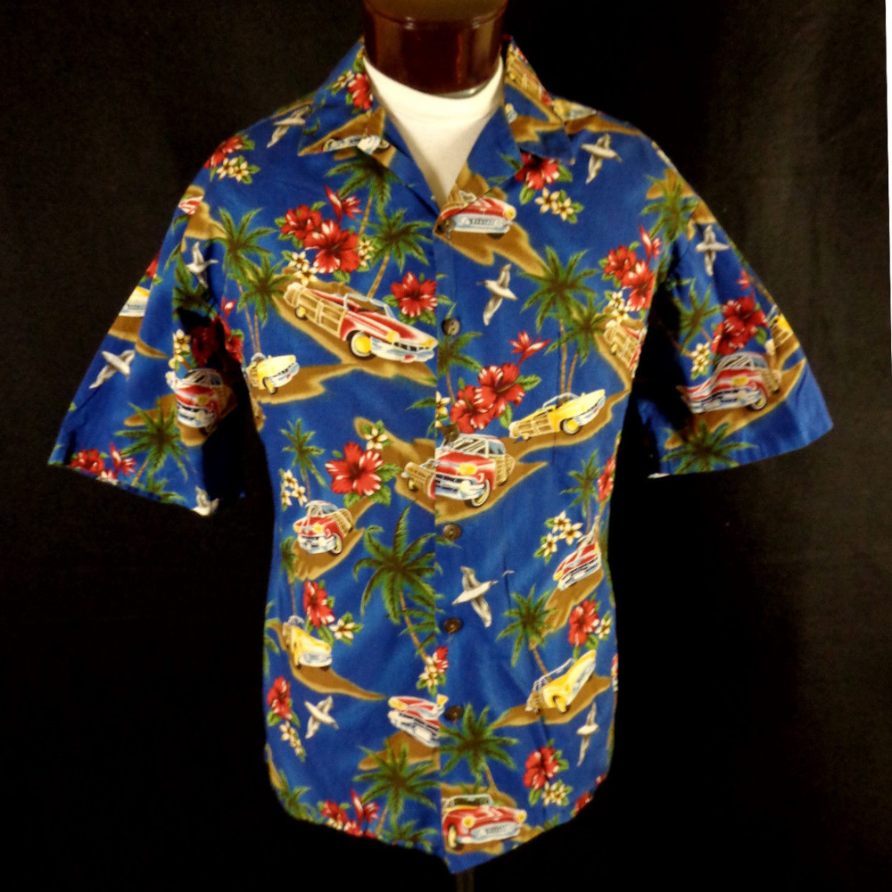 Hilo Hattie Blue Woodies Surfer Hawaiian Shirt