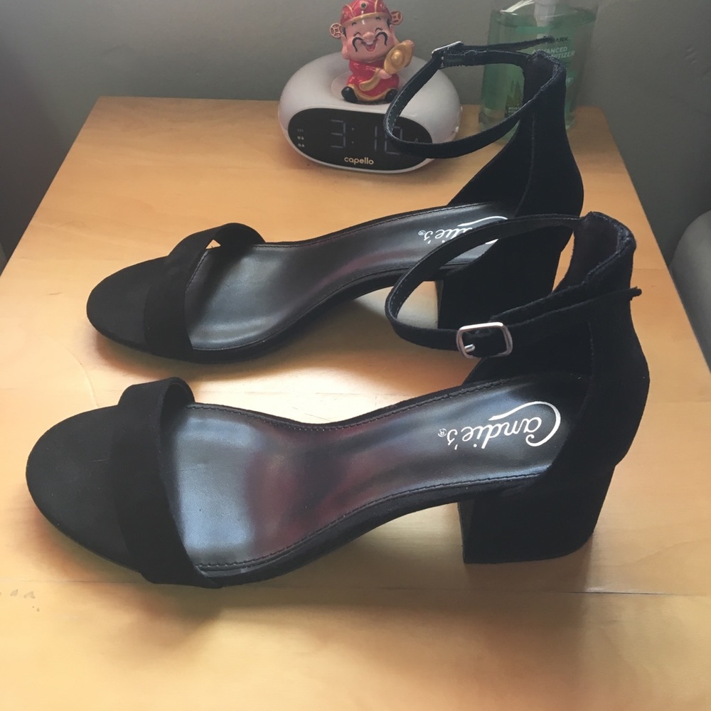 Black block heels with ankle strap
