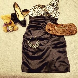 Leotard and black off the shoulder mini dress