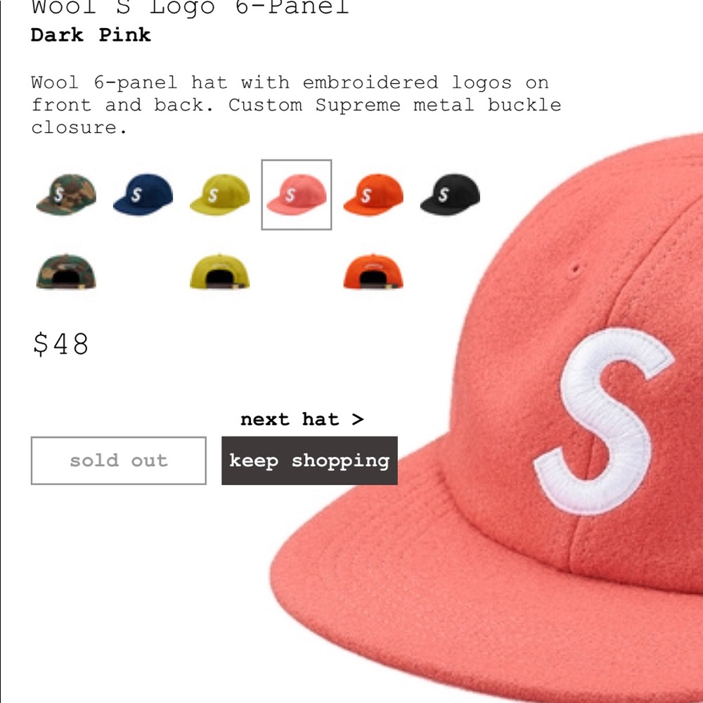 Supreme S wool 6 pannel hat. pink in color
