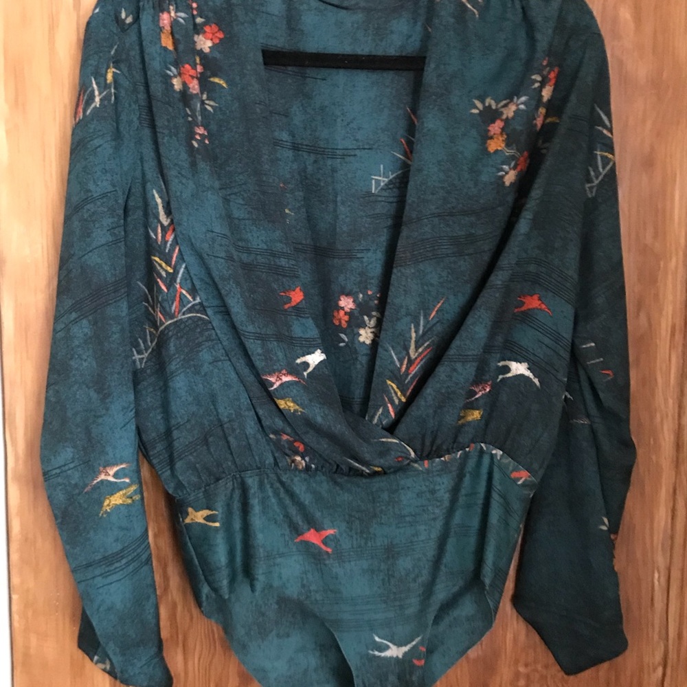 Zara body suit silky with bird print.