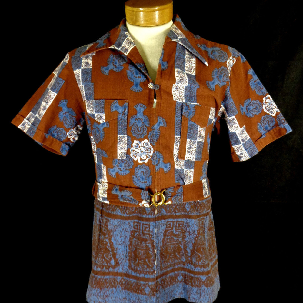 Rare Vintage Belted Zip Bark Cloth Hawaiian Shirt