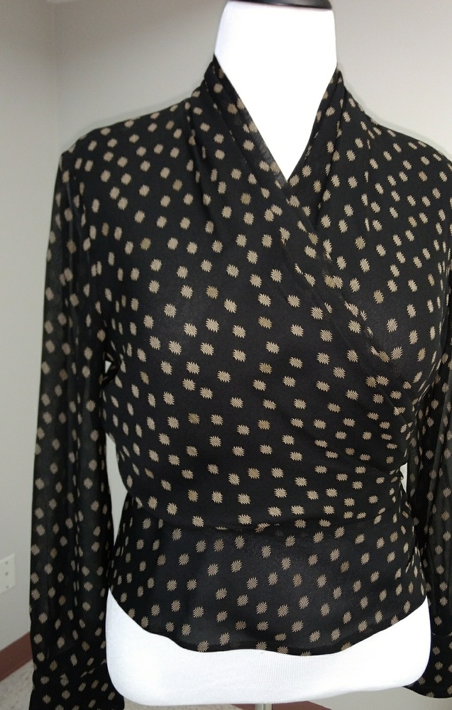 Anne Klein Black Silk V-Neck, faux wrap Blouse Top