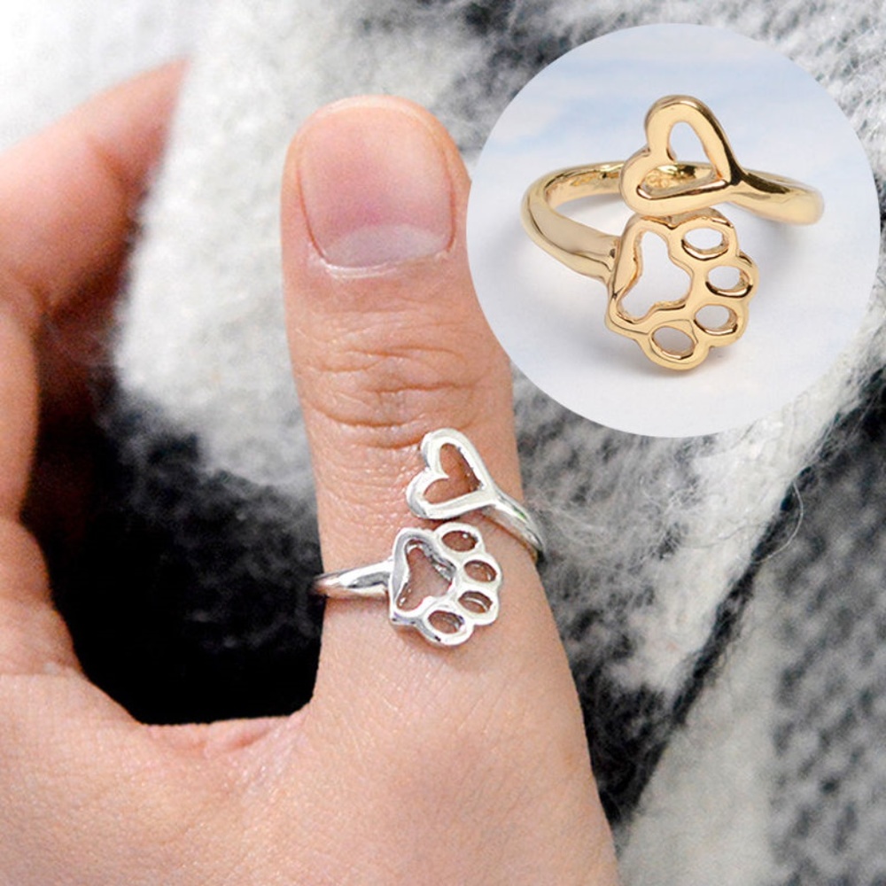 Silver or Gold Heart and Paw Adjustable Ring