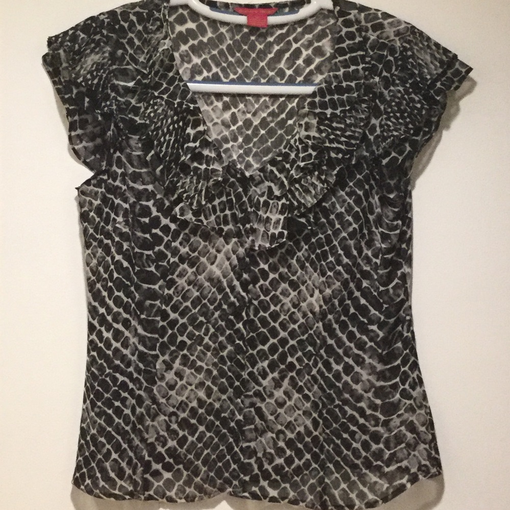 Ruffled Cap Sleeve Sheer Button Down