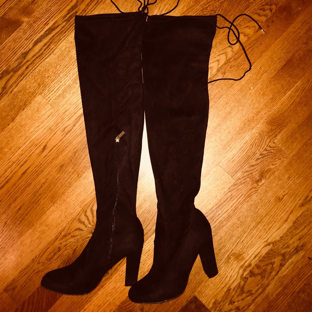 Black faux suede knee high boots