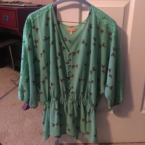 Teal top with brown birds.
