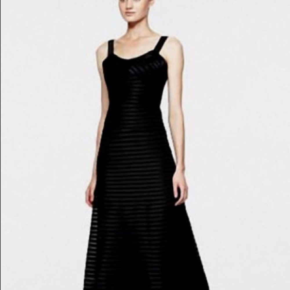 BCBG Black Satin Piping Sheer Contrast Gown