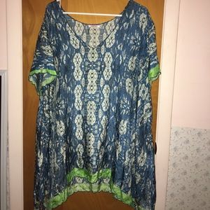 Johnny Was Silk Blue Green Blouse 1X