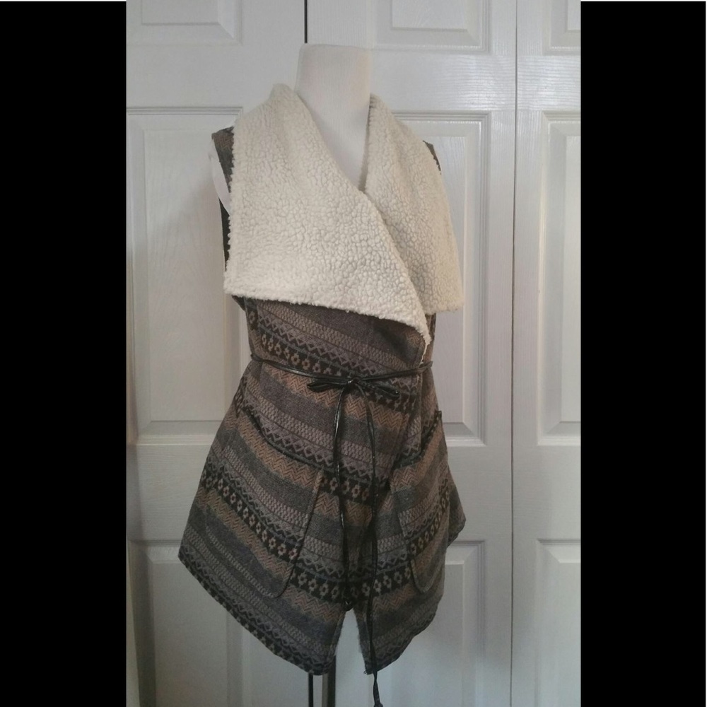 Jolt Shearling Collar Vest Tie Belt Waist Boho