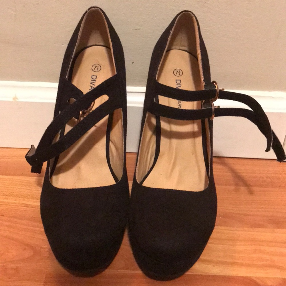 Black heals with gold buckle